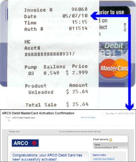 Combo photo shows a credit card receipt dated May 7 and an e-mail dated May 11. The e-mail subject line reads 'MasterCard Activation Confirmation.'