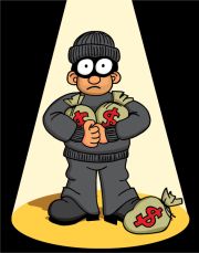 Cartoon of a spotlight shining on a robber in black holding bags of money. He has a surprised look on his face.