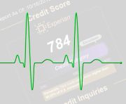 An EKG line is overlaid atop a credit report and score.