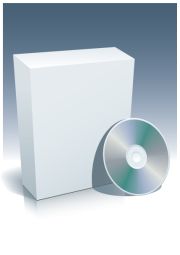 3-D illustration show a blank white box with a shiny CD leaning up against it.