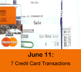 Slideshow shows 30 credit card transaction receipts followed by a photo of a cell phone calling the number to activate the credit card.