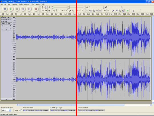 Audacity screenshot show a waveform split in the middle of the clip. The left side's waveform's peaks barely reach 0.2. The right side's peaks reach the top: 1.0.