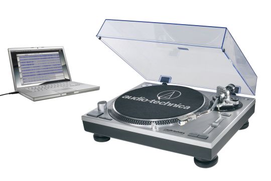 Marketing photo shows the Audio-Technica AT-LP120-USB connected via a USB cable to a laptop.