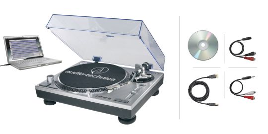 Marketing photo shows the Audio-Technica AT-LP120-USB with all included accessories surrounding the turntable.
