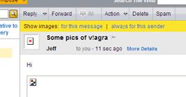 AOL WebMail message with pictures hidden. Two links allow your to view them: Show images 'for this message' and 'always for sender.'