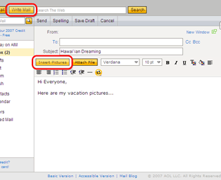 AOL web mail compose page. The 'Insert Picture' button is highlighted.