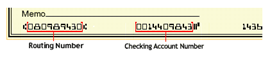 Graphic shows the bottom left half of a check. The first group of numbers is the routing number. The second group of numbers is the account number.