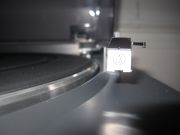 Head-on photo of Audio-Technica AT-LP2D-USB tonearm head and stylus.