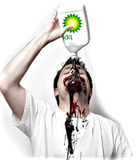 Man in white t-shirt pours a quart of BP oil on his face.