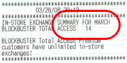 Receipt from first Blockbuster store showing 14 exchanges.