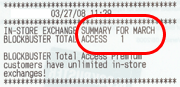 Receipt from second Blockbuster store showing 1 exchange.