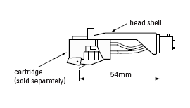 A drawing showing a tonearm and cartridge attached. A line from the tip of the stylus to the head shell attachement edge is marked 54mm.