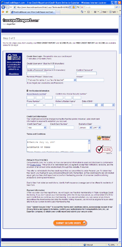 Last page in sign up process (FreeCreditReport.com)