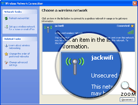 Windows 'Wireless Network Connections' window showing the user connected to the 'jackwifi' network.