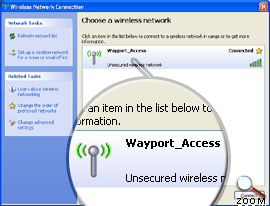 Windows 'Wireless Network Connections' window showing the user connected to the 'Wayport_Access' network.