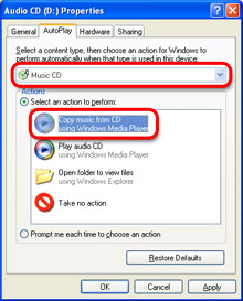 My Computer CD-ROM context menu AutoPlay dialog box showing Music CD and Copy Music from CD selected.