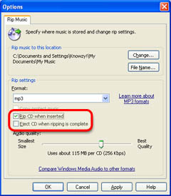 My Computer CD-ROM context menu Windows Media Play Options Dialog, Rip Tab. Showing the Rip CD when Inserted and Eject CD when done checkboxes highlighted.