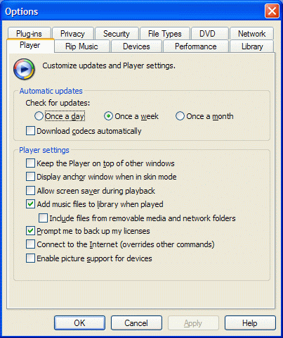 Windows Media Player Options dialog with Player tab showing