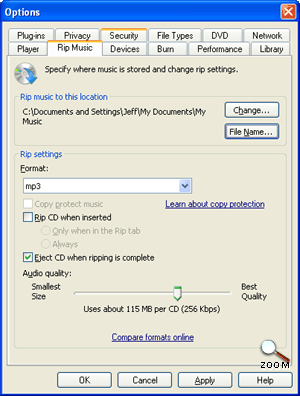 The Rip Music tab. Make your settings match this. (You may want a lower Audio Quality setting.) Windows Media Player Options Dialog Box with the Rip Music Tab Showing