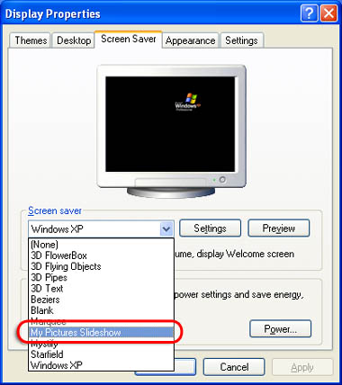 Windows Screen Saver dialog box with My Pictures Slideshow Highlighted