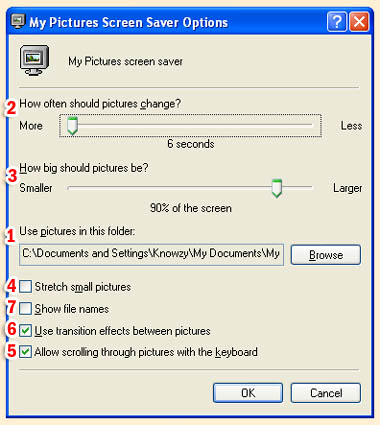 Click to zoom in on the My Pictures Slideshow Screen Saver settings window. My Pictures Slideshow screensaver settings dialog box.