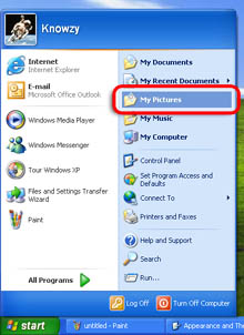 Windows XP Start Menu with the My Pictures folder highlighted.